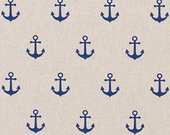 Decorative fabric linen look cotton sold by the meter | Color: natural linen, blue | Nautical anchor