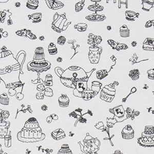 Peut inclure: Motif d'illustration noir et blanc avec divers éléments de fête du thé, notamment des tasses à thé, des théières, des gâteaux et des fleurs.