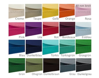 May include: A color chart of 16 different colors of 40 mm wide elastic band. The colors are: creme, taupe, yellow, orange, pink, lilac, red, burgundy, light blue, blue, dark blue, turquoise, teal, green, olive green, dark brown, gray, and dark gray.