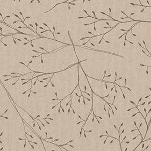 Tissu déco nostalgique en coton aspect lin vendu au mètre à partir de 50cmx140cm Couleur : lin naturel, taupe BRANCHE DESSIN STYLO