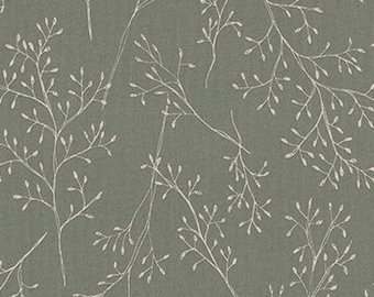 Linen look cotton nostalgic decorative fabric sold by the meter from 50cmx140cm Color: olive green, natural linen. PEN DRAWING BRANCH