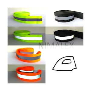 Nastro riflettente da stirare da 25 mm giallo neon / grigio argento, arancione neon / grigio argento o nero / grigio argento.
