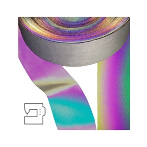 Reflektor-Band zum Aufnähen | 1 m oder 2 m lang | 25mm oder 50 mm breit | Hologrammband Lichtreflektierend | Farbe: Schwarz / Regenbogen