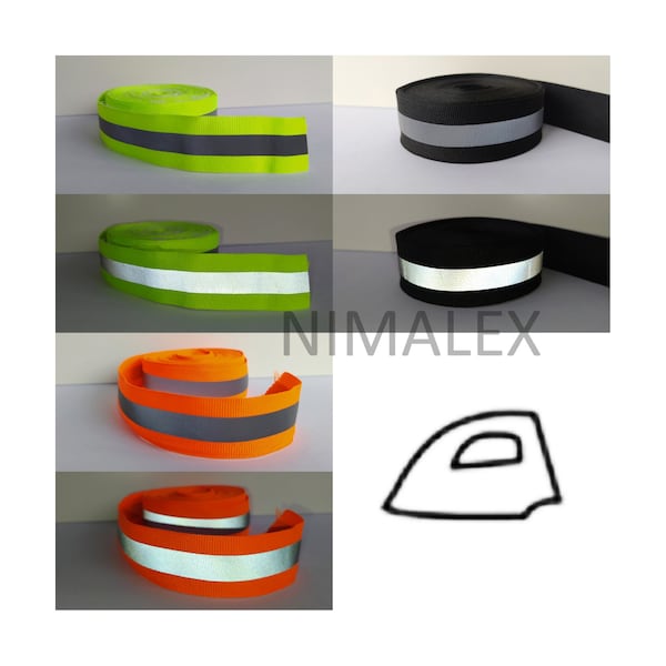 Bande réfléchissante thermocollante 25 mm jaune fluo/gris argent, orange fluo/gris argent ou noir/gris argent.