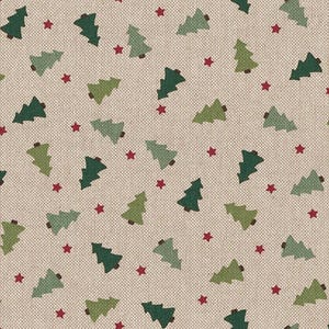 Tissu de Noël, aspect lin, coton, tissu décoratif au charme rétro, vendu au mètre, largeur 140 cm | Coloris : lin naturel, vert foncé, olive, marron | Sapin de Noël