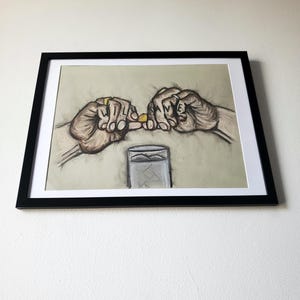 May include: A drawing of two hands holding a small yellow pill over a glass of water. The hands are drawn in a realistic style with visible wrinkles and lines. The drawing is done in shades of gray and brown on a light green background.