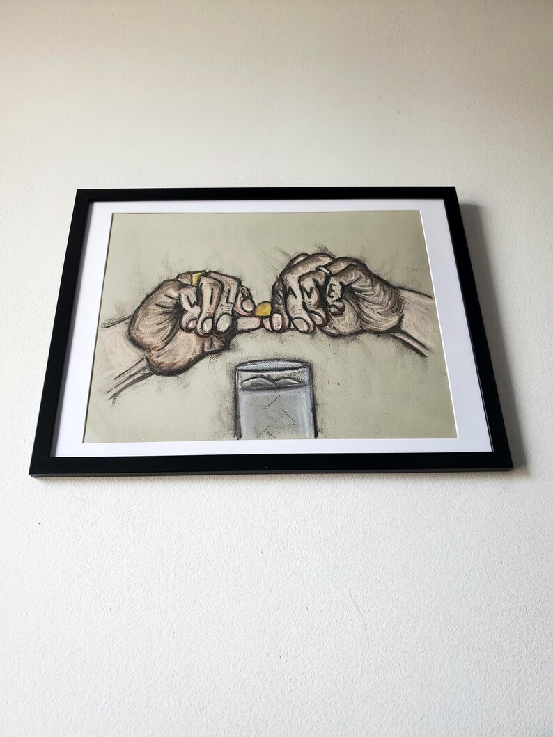 May include: A drawing of two hands holding a small yellow pill over a glass of water. The hands are drawn in a realistic style with visible wrinkles and lines. The drawing is done in shades of gray and brown on a light green background.