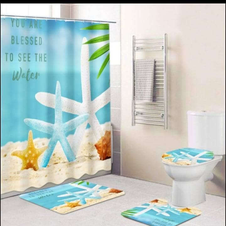 Ocean Holiday Theme Bathroom Set,4pcs Shower Curtain Mat Set,Waterproof  Shower Curtain Printed Non-slip Floor Mat Toilet Cover U Shape Pad,for Home  Hotel Decor 