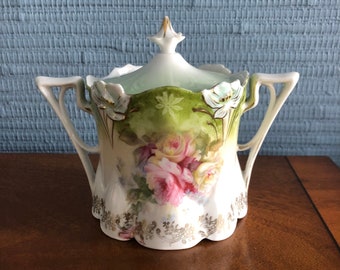 Roses R.S. Prussia Sugar Bowl unsigned, Double Handle, Circa 1870-1918, Hand Painted - Free Shipping