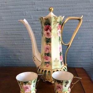 Roses R.S. Prussia Demitasse Set signed with Red Mark, Hand Painted Circa 1870 to 1918 - Free Shipping