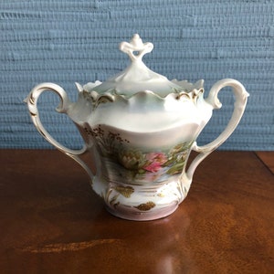 Water Lilies Wheelock Prussia Sugar Bowl with signature, Hand Painted Circa 1891 to 1918 - Free Shipping