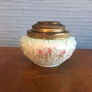 Antique Wave Crest Hair Receiver: Hand-Painted Floral Art Glass with Metal Collar