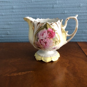Pink Peonies R.S. Prussia Creamer with Red Mark, Pedestal, Hand Painted - Free Shipping