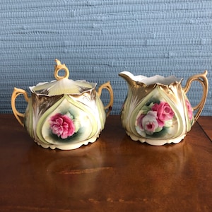 Roses R.S. Prussia Creamer and Sugar Bowl Set with Red Mark signature, Hand Painted Circa 1880 to 1910