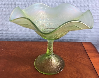 Northwood Carnival Glass Ice Green Compote, Hearts and Flowers Pattern circa 1910s - Free Shipping