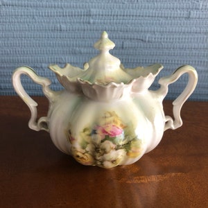 Anemones R.S. Prussia Sugar Bowl with Red Mark, Double Handle, Hand Painted