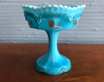 Rare Antique Northwood Pagoda Chrysanthemum Blue Jelly Compote Milk Custard Glass, Circa 1890s - Free Shipping