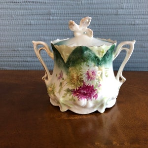 Carnations R.S. Prussia Sugar Bowl with Red Mark, Double Handle, Hand Painted - Free Shipping
