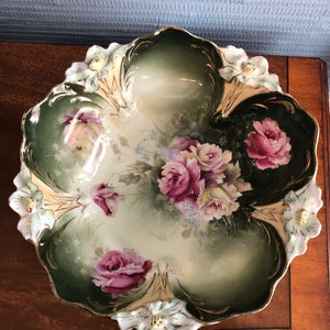 Roses, Irises and Daisies R.S. Prussia Serving Bowl with signature, Hand Painted Circa 1910 to 1956