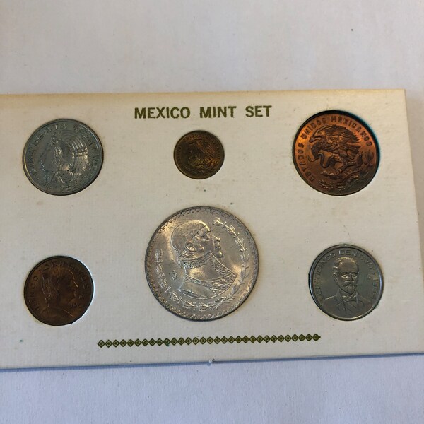 1964 Mexico Mint Set Coin Collection - 6 BU Coins - Silver Un Peso Coin - Free Shipping