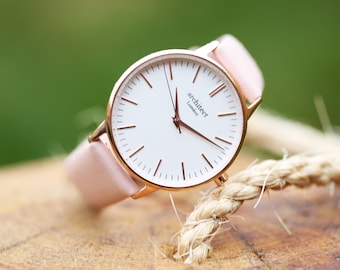 Ladies Personalized Watch, Pink Leather Strap Watch, White Personalized Watch, Minimalist Ladies Watch, Engraved Ladies Watch, Gift For Her