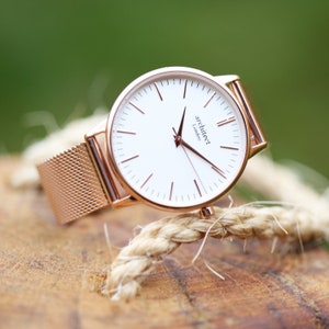 Ladies Personalized Watch,Rose Gold Mesh Strap Watch, White Personalized Watch, Minimalist Ladies Watch, Engraved Ladies Watch, Gift For Her