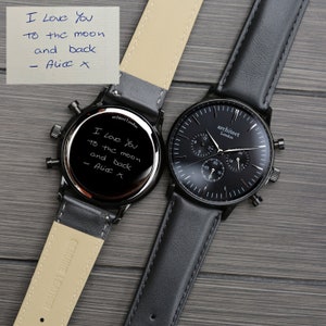 Men's Personalized Watch, Black Leather Strap Watch, Minimalist Men's Watch, Own Handwriting Engraved Watch, Groomsmen Watch Gift