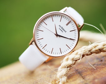 Ladies Personalized Watch, White Leather Strap Watch, White Personalized Watch, Minimalist Ladies Watch, Engraved Ladies Watch, Gift For Her