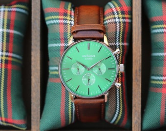 Relógio Motivador Masculino com Pulseira de Nogueira, Fonte Moderna, Pulseira de Couro, Aniversário, Casamento, Presente de Dia dos Namorados, Presente de Aniversário, Relógio com Mostrador Verde