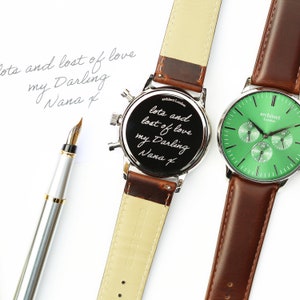 Handwriting Engraving - Men's Motivator Green Face Walnut Strap, Men's Personalized Watch, Brown Strap Watch, Minimalist Men's Watch