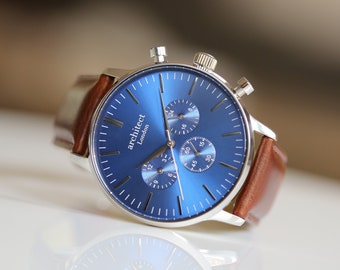 Men's Motivator Watch With Walnut Strap, Modern Font, Leather Strap, Birthday, Wedding, Valrntines Gift, Anniversary Gift