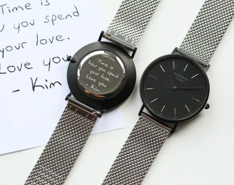 Stainless steel men watch, Black personalised statement engraved unique fasion elegant men watch gift, classic handwrite message