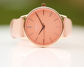 Ladies Personalized Watch,Pink Leather Strap Watch, Coral Personalized Watch, Minimalist Ladies Watch, Engraved Ladies Watch, Gift For Her
