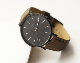 Montre personnalisée pour homme, montre bracelet en cuir, montre personnalisée noire, montre homme minimaliste, cadeau pour lui, cadeau Saint-Valentin pour lui