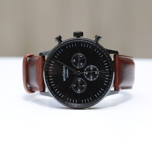 Men's Personalized Watch, Brown Leather Strap Watch, Minimalist Men's Watch, Own Handwriting Engraved Watch, Groomsmen Watch Gift