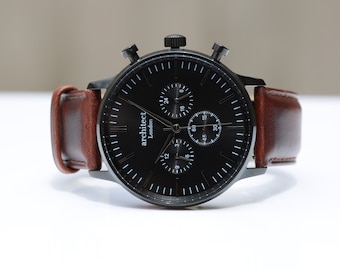 Men's Personalized Watch, Brown Leather Strap Watch, Minimalist Men's Watch, Own Handwriting Engraved Watch, Groomsmen Watch Gift