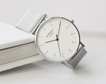 Men's Personalized Watch, Silver Strap Watch, White Personalized Watch, Minimalist Men's Watch, Engraved Men's Watch, Gift For Him