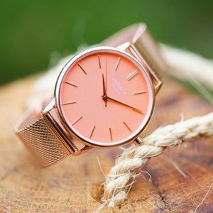 Ladies Personalized Watch,Rose Gold Mesh Strap Watch, Coral Personalized Watch, Minimalist Ladies Watch, Engraved Ladies Watch, Gift For Her