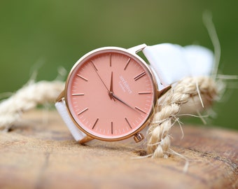 Ladies Personalized Watch, Leather Strap Watch, Coral Personalized Watch, Minimalist Ladies Watch, Engraved Ladies Watch, Gift For Her