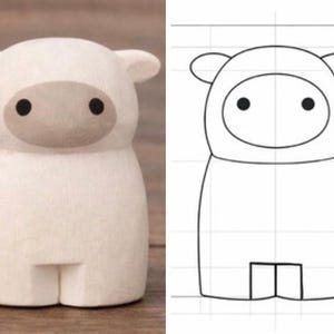 Puede incluir: Pequeña figura de madera blanquecina de una oveja con cara marrón claro y ojos negros. La oveja tiene orejas pequeñas y un diseño sencillo y cuadrado. Un dibujo lineal de la oveja está al lado.