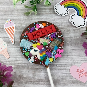 Personalised Unicorn Chocolate Lollipop, Belgian Chocolate Lolly, Children&#39;s Chocolate Gift, Gift For Kids, Chocolate Birthday Lollipop