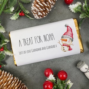 Barra de chocolate navideña personalizada Snow Boy, Regalo de Navidad para niños, Relleno de medias, Barra de chocolate de Navidad, Golosina de chocolate, Festivo