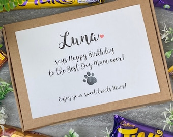 Gelukkige verjaardag hond moeder / vader, gepersonaliseerde chocolade doos, verjaardagscadeau van de hond, hond moeder, hond vader, chocolade mand