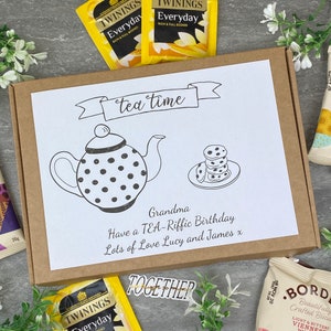 TEA-Riffic Birthday Personalised Tea and Biscuit Box, Gift for Friend, Birthday Gift, Tea Box, Tea Gifts, Tea Hamper, Biscuits, Tea Lover