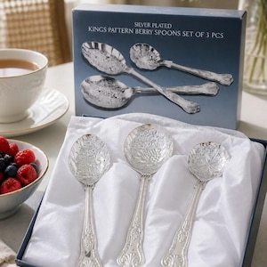 Könnte beinhalten: Ein Set aus drei versilberten Beerenlöffeln in einer blauen Schachtel mit der Aufschrift Silver Plated Kings Pattern Berry Spoons Set of 3 Pcs. Die Löffel haben geprägte Blumen- und Fruchtmotive auf den Laffen und verzierte Griffe.