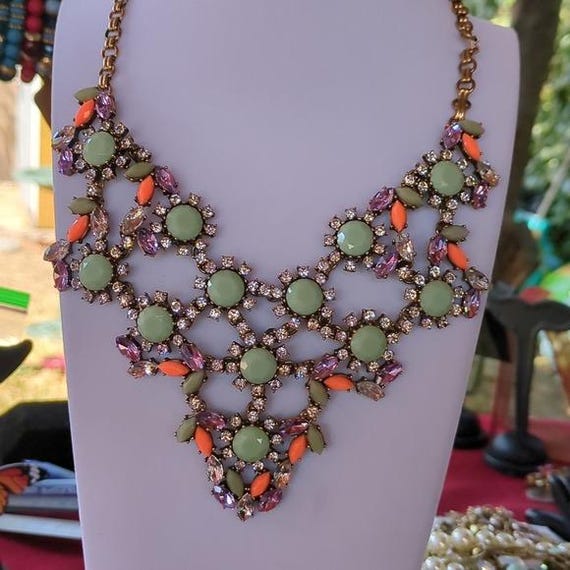 Statement Bib Necklace Multicolored Rhinestones M… - image 7