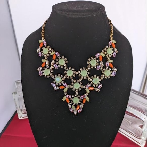 Statement Bib Necklace Multicolored Rhinestones M… - image 4
