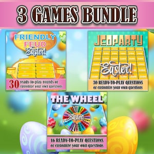 Easter Games Bundle Family Easter Feud Jeopardy spin Wheel Zoom Games work parties families adults teens PowerPoint Party DIY Easter Trivia