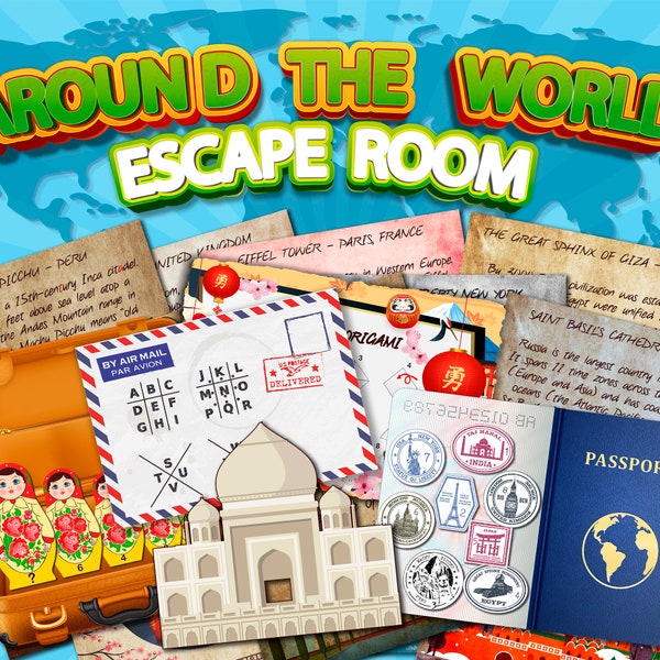 Escape Room Kit voor kinderen Over de hele wereld Familie afdrukbare spellen DIY Game Party Print wereldreisspel land educatief didactisch leuk reizen