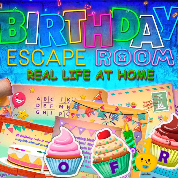 Birthday Escape Room Kit Real life Home Kids Family Teenagers  Printable Mystery Games Fun DIY Game Friendly Party celebration Treasure hunt